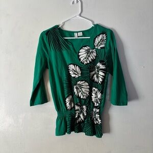 Palm Island Green Floral 3/4 SLIT Sleeve Elastic Waist Pullover V Neck TOP Small